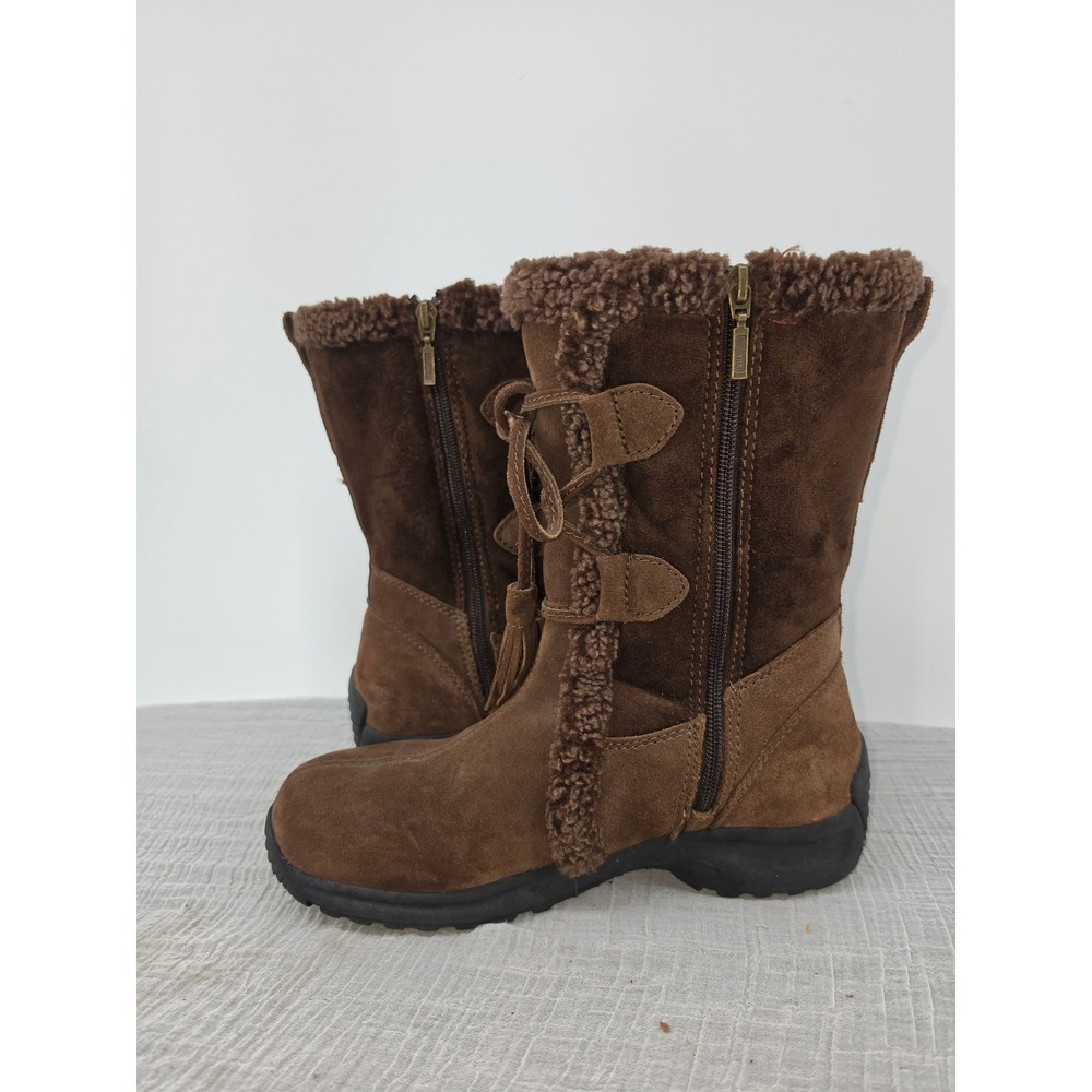 Lands End Brown Suede Faux Fur Trim Winter Boots Tassel Zip Womens 8.5 B 239073